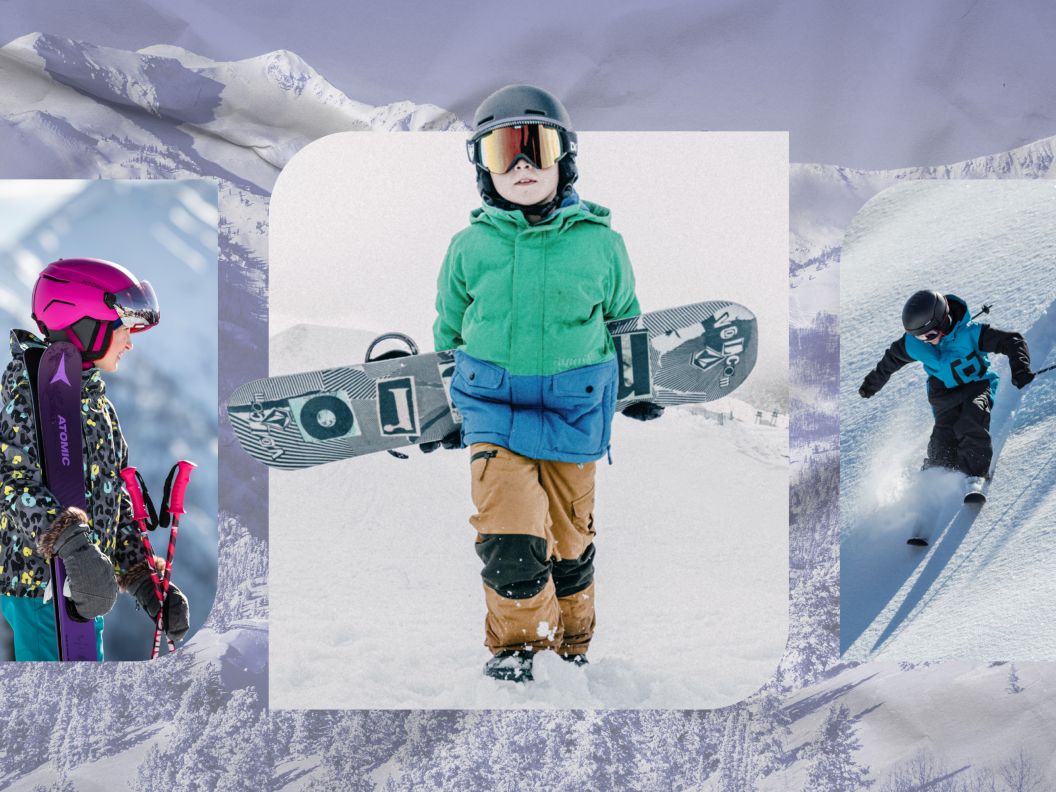 A photo collage of three children wearing snow outerwear, helmets, and goggles at ski resorts. 1 holds skis and poles, 1 carries a snowboard, and one skis untouched powder.